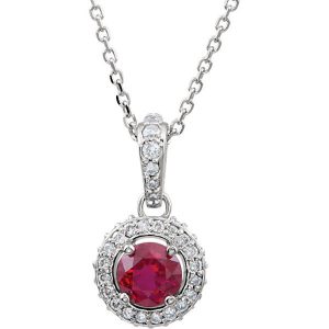 14Kt White Gold Ruby Halo Necklace style=