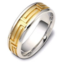 Gold, Comfort Fit, 7.0mm Wide Wedding Band With Greek Key Design