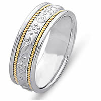 Item # 21699E - 18Kt Two-Tone Hand Carved Wedding Band