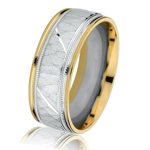 G14658 TwoTone Gold Hammered Milgrain Wedding Ring