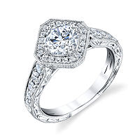Item # E32889W - Round Halo Vintage Engagement Ring