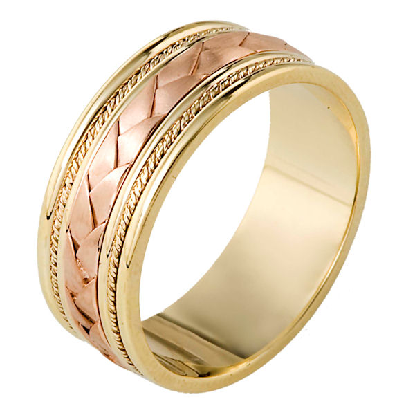 Item # 110041 - 14 kt Yellow and Rose Gold center weave hand made comfort fit Wedding Band 9.0 mm wide. The center of the band has a handcrafted braid and handmade ropes on each side. The center has a brush finish and the edges are polished. Different finishes may be selected or specified.