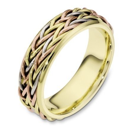 Item # 110201 - 14 kt tri-color hand made comfort fit Wedding Band 6.0 mm wide. The ring has two beautiful hand crafted braids in the center. The rest of the band is polished. Different finishes may be selected or specified.