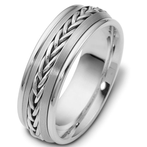 Item # 110221PD - Palladium, hand made comfort fit Wedding Band 7.0mm wide. The ring has a hand made braid in the center with a polished finish. The gold pieces on each side of the braid is a brush finish and the rest of the band is polished. Different finishes may be selected or specified. 
