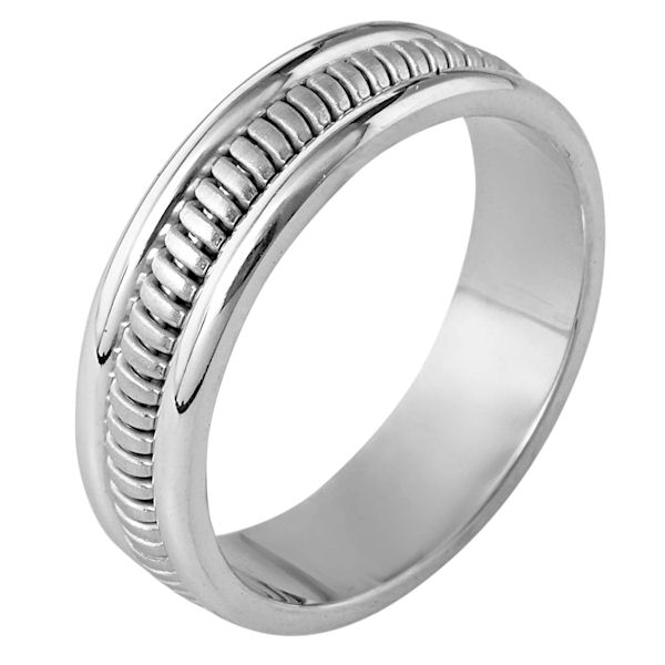 Item # 110281PP - Platinum hand made comfort fit Wedding Band 6.0 mm wide. The ring has a hand made pattern in the center that is a brush finish. The edges are polished. Different finishes may be selected or specified.