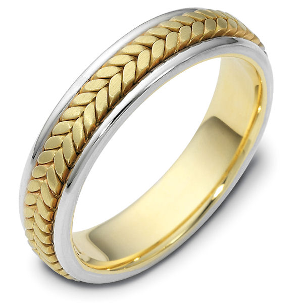 Item # 110371 - 14 kt hand made comfort fit, 5.0 mm wide wedding band. The ring has a handmade braid in the center with a brush finish. The edges are polished. Different finishes may be selected or specified.