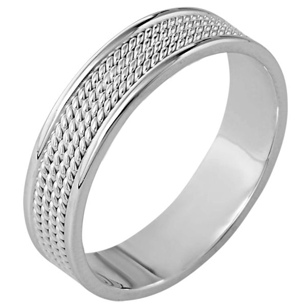 Item # 110451W - 14 kt white gold, hand made comfort fit, 6.0 mm wide wedding band. The ring has 4 hand made ropes in the center with a polished finish. The edges are polished. Different finishes may be selected or specified.