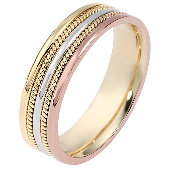 Item # 110511NA - 14 kt tri-color gold, hand made, comfort fit, 5.0 mm wide wedding band. The ring has two hand made ropes on each side of the band. The whole ring is polished. Different finishes may be selected or specified.