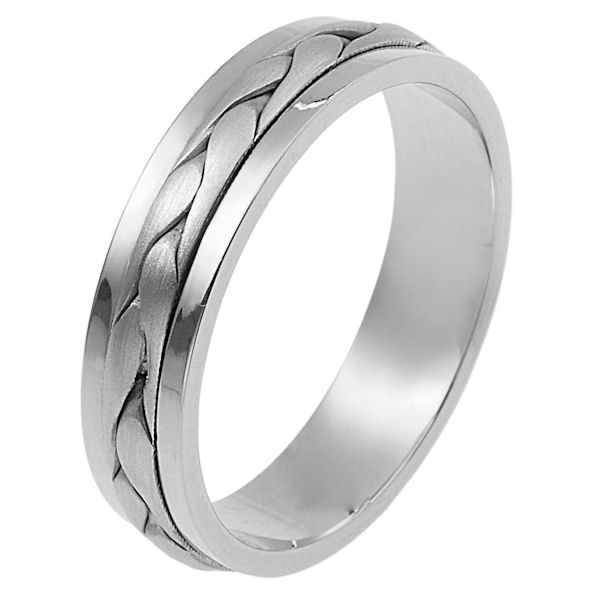 Item # 110691WE - 18 kt white gold, hand made comfort fit Wedding Band 5.0 mm wide. The ring has a handmade braid in the center with a brush finish. The edges are polished. Different finishes may be selected or specified.