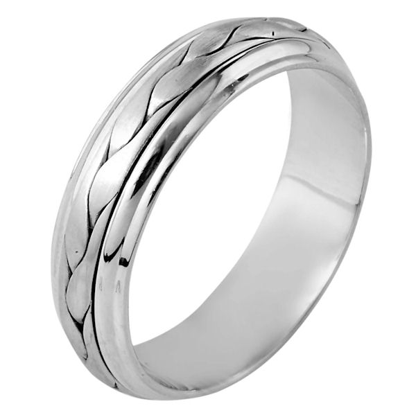 Item # 110711PP - Platinum hand made comfort fit Wedding Band 6.0 mm wide. The ring has a handmade braid in the center with a brush finish. The edges are polished. Different finishes may be selected or specified.
