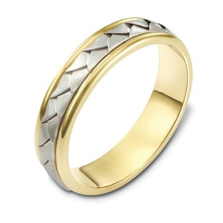 Item # 110741 - 14 kt hand made comfort fit Wedding Band 5.0 mm wide. The ring has a handmade braid in the center with a brush finish. The edges are polished. Different finishes may be selected or specified.