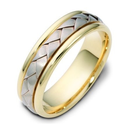 Item # 110781 - 14 kt hand made comfort fit Wedding Band 6.0 mm wide. The ring has a handmade braid in the center with a brush finish. The edges are polished. Different finishes may be selected or specified.