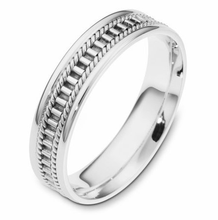 Item # 111011WE - 18 kt white gold, hand made comfort fit Wedding Band 5.0 mm wide. The ring has a hand made pattern in the center with one hand made rope on each side of the pattern. The whole ring is polished. Different finishes may be selected or specified. 