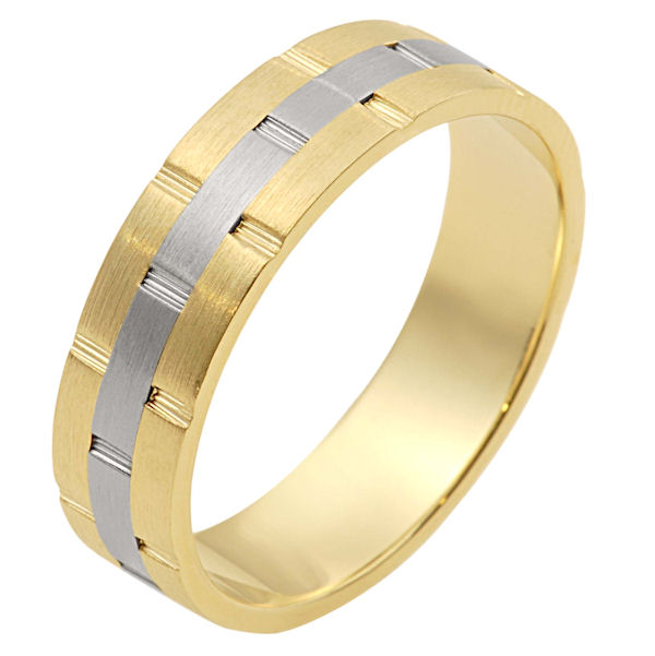 Item # 111131E - 18 kt two-tone hand made comfort fit Wedding Band 6.0 mm wide. There are carved notches around the whole ring. The ring is a matte finish. Different finishes may be selected or specified.