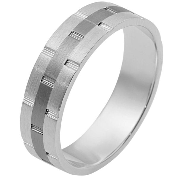 Item # 111131TG - 14K White gold and titanium, comfort fit, 6.0 mm wide wedding band. There are carved notches around the whole ring. The ring is a matte finish. Different finishes may be selected or specified.