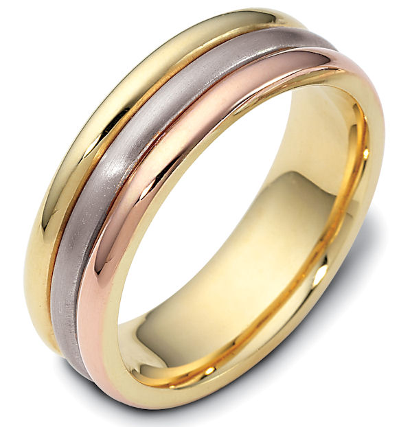 Item # 111321 - 14 kt tri-color hand made comfort fit Wedding Band 6.5 mm wide. The center portion is a brush finish and the outer bands are polished. Different finishes may be selected or specified.