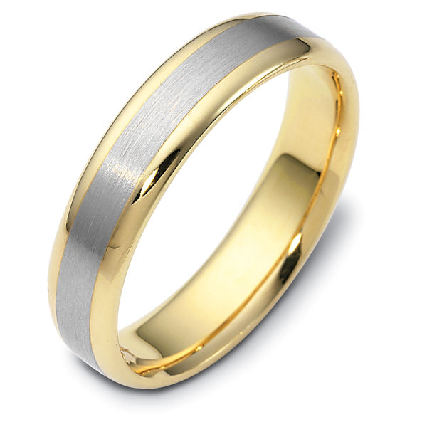 Item # 111341 - 14 kt two-tone hand made comfort fit Wedding Band 5.0 mm wide. The center is a brush finish and the edges are polished. Different finishes may be selected or specified.