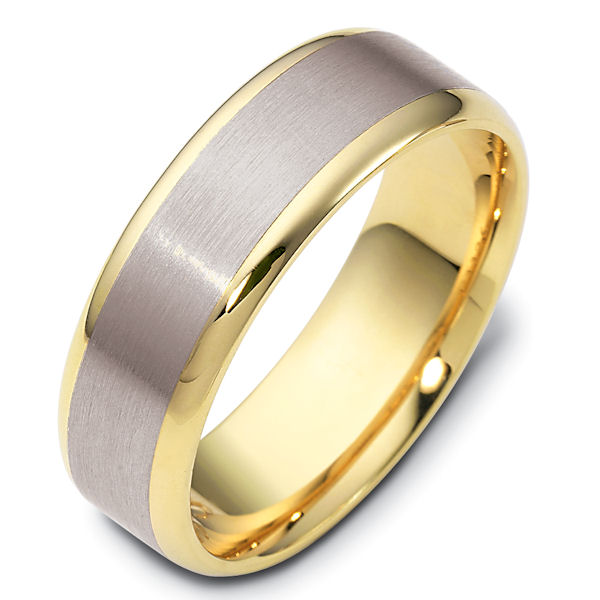 Item # 111361PE - Platinum and 18K hand made comfort fit Wedding Band 6.5 mm wide. The center is a brush finish and the edges are polished. Different finishes may be selected or specified.