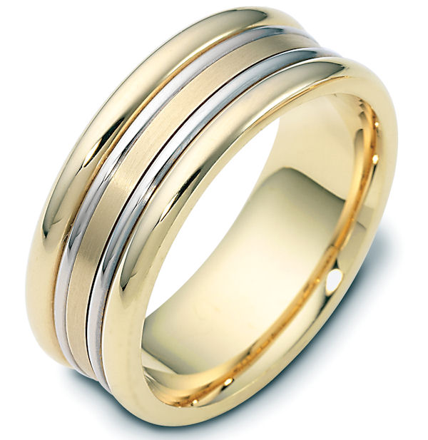 Item # 111501E - 18 kt two-tone hand made comfort fit Wedding Band 8.0 mm wide. The center portion of the band is a matte finish. The rest of the ring is polished. Different finishes may be selected or specified.