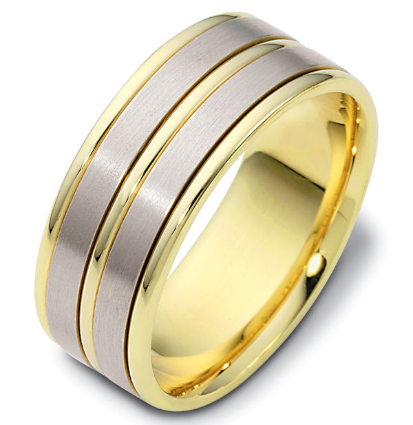 Item # 111531E - 18 kt two-tone hand made comfort fit Wedding Band 8.5 mm wide. The two flat pieces in the band have a matte finish. The rest of the has a polished. Different finishes may be selected or specified. 