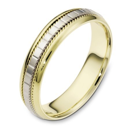 Item # 111641E - 18 kt two-tone hand made comfort fit Wedding Band 5.0 mm wide. The center of the ring has a design with milgrain on each side. The whole ring is polished. Different finishes may be selected or specified. 