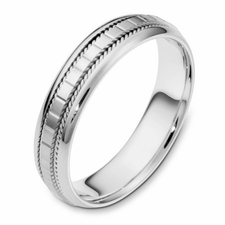 Item # 111641W - 14 kt white gold, hand made comfort fit Wedding Band 5.0 mm wide. The center of the ring has a design with milgrain on each side. The whole ring is polished. Different finishes may be selected or specified. 
