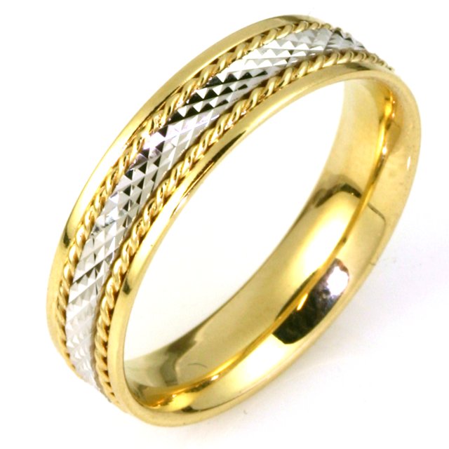 Item # 111651E - 18 kt two-tone hand made 5.5 mm wide comfort fit, crosscut center Wedding Band. The center of the band has a crosscut design with a handmade rope on each side. The whole ring is polished. Different finishes may be selected or specified.