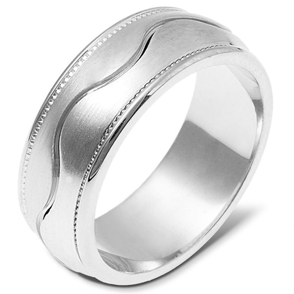 Item # 112051PP - Platinum hand made comfort fit Wedding Band 8.0 mm wide. The ring has a milgrain on each side of the band. The center is matte and the outer edges are polished. Different finishes may be selected or specified.  