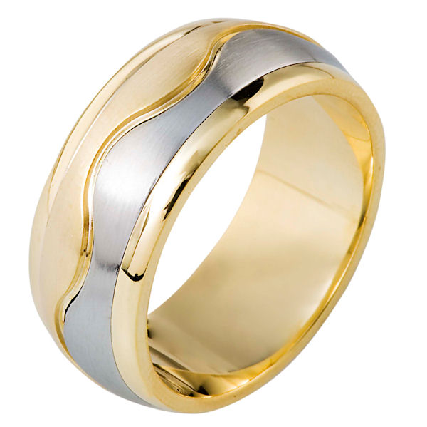 Item # 112061 - 14 kt two-tone hand made comfort fit Wedding Band 9.0 mm wide. The ring has a carved curvy line in the center. The center of the ring is matte and the outer edges are polished. Different finishes may be selected or specified.