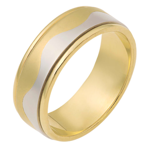 Item # 112081PE - Platinum and 18 K yellow gold 7.5 mm. wide, comfort fit wedding ring. The ring is flat and a curvy carved line lies in the center. The center of the ring is matte finish and the outer edges are polished. Different finishes may be selected or specified.