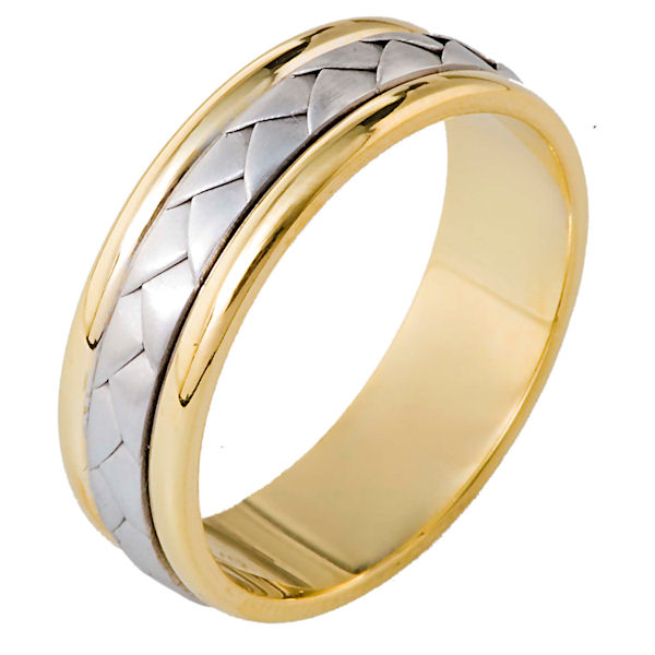 Item # 113111 - 14 kt hand made comfort fit Wedding Band 6.5 mm wide. The center of the ring has a hand made braid which has a brushed finish. The outer edges are polished. Different finishes may be selected or specified.