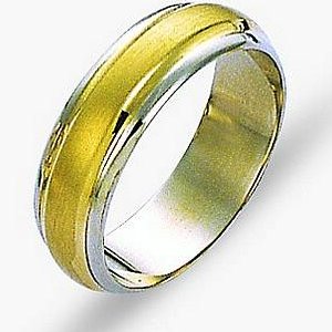 Item # 114211E - 18 kt two-tone hand made comfort fit Wedding Band 6.0 mm wide. The center of the ring is a satin matte finish and the outer edges are polished. Different finishes may be selected or specified. 