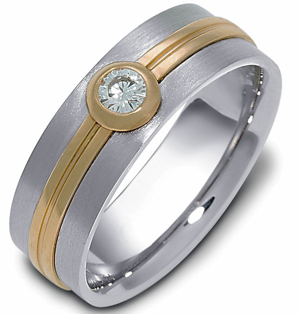 Item # 114681 - 14 K two-tone 6.0 mm wide, 0.15 ct center VS1 in clarity H in color diamond ring. The bezel around the diamond and the center are polished. The rest of the ring is a satin brush finish. Different finishes may be selected or specified.