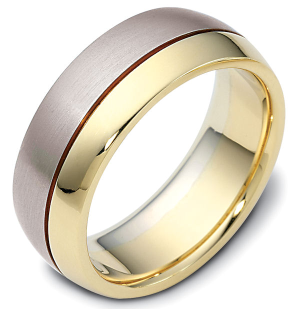 Item # 115081 - 14kt Two-tone gold classic, comfort fit, 8.0mm wide wedding band. One portion of the ring is matte finish and the other is polished. Different finishes may be selected or specified. 