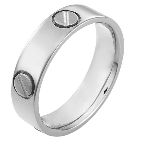 Item # 115151PP - Platinum hand made comfort fit Wedding Band 6.0 mm wide. The ring has fasteners that resembles screws. These are around the whole ring. The ring has a matte finish. Different finishes may be selected or specified.