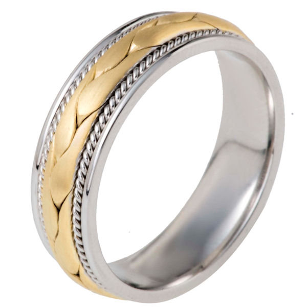 Item # 115321E - 18 kt two-tone hand made comfort fit Wedding Band 6.5 mm wide. There is a hand made braid in the center with one hand crafted rope on each side of the braid. The center is matte finish and the outer edges are polished. Different finishes may be selected or specified.