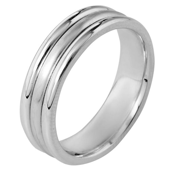 Item # 115351W - 14 kt white gold, hand made comfort fit Wedding Band 6.5 mm wide. The center has a brush finish and the outer edges are polished. Different finishes may be selected or specified.