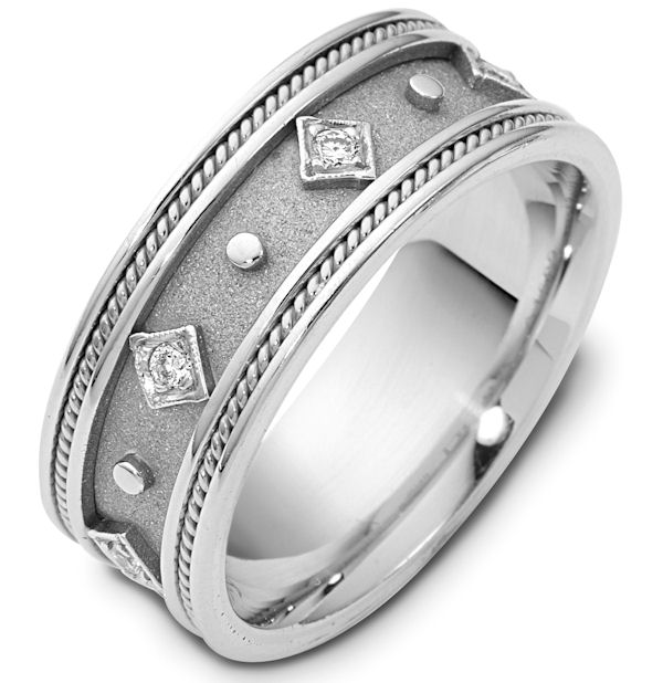 Item # 115891W - 14K white gold, 8.5 mm wide, diamond ring. 0.15 ct diamond weight in size 6.0. The center of the ring is a coarse and heavy sandblast finish. There is one hand made rope on each side of the band. The outer edges are polished. Different finishes may be selected or specified.