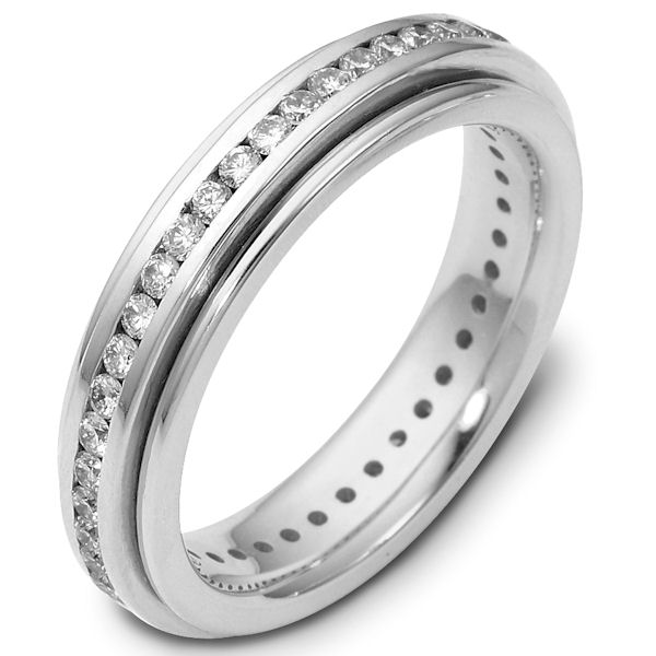 Item # 116061AW - 14 K white gold, 4.5 mm wide, comfort fit diamond eternity rotating band. 1.0 ct diamond VS1 in Clarity G in Color. Diamond total weight is estimated for a size 6.0 ring. The whole ring is polished. Different finishes may be selected or specified.  