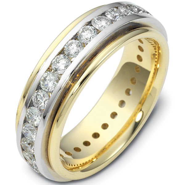 Item # 116141A - 14K white and yellow gold, comfort fit, 6.0 mm wide. eternity band. Each diamond is 3.0 mm in diameter and diamond total weight is approximately 2.40 ct. Diamond total weight is estimated for a size 6.0 ring. The diamonds are graded as VS1 in Clarity G in Color. The whole ring is polished. Different finishes may be selected or specified.
