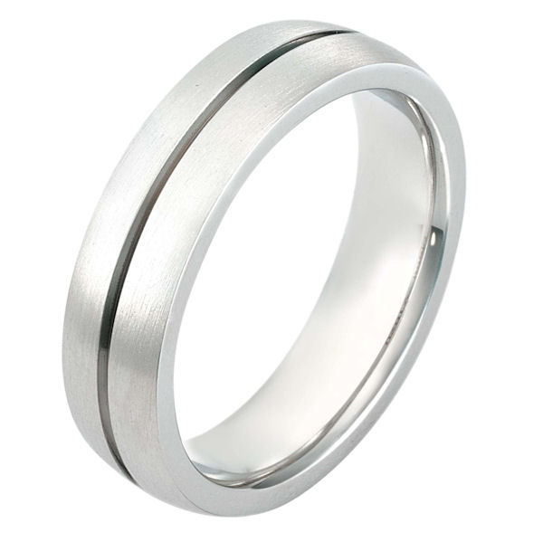 Item # 116201E - 18 kt white gold 6.0 mm wide wedding band. There is one carved line around the whole band. The ring is a matte finish. Different finishes may be selected or specified. 