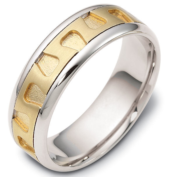 Item # 116461E - 18 kt Gold Two-Tone 7.0 mm Wide Comfort Hand Made Wedding Band. The center of the ring is a matte finish, the grooves in the center are a sandblast finish, and the outer edges are polished. Different finishes may be selected or specified. 
