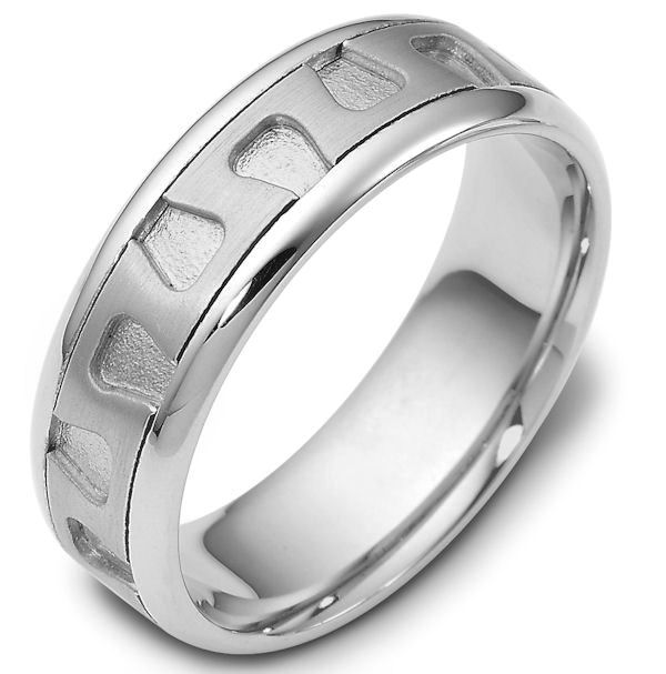 Item # 116461WE - 18 kt white gold, 7.0 mm Wide Comfort Hand Made Wedding Band. The center of the ring is a matte finish, the grooves in the center are a sandblast finish, and the outer edges are polished. Different finishes may be selected or specified.