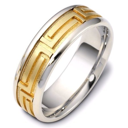 Item # 116471 - 14 K white and yellow gold, 7.0 mm wide, comfort fit, carved with Greek key wedding band. The center of the ring is a satin matte finish and the outer edges are polished. Different finishes may be selected or specified.