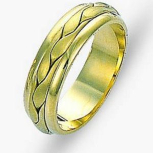 Item # 117131E - 18 kt hand made comfort fit Wedding Band 6.0 mm wide. The braid in the center is hand crafted and is a matte finish. The outer edges are polished. Different finishes may be selected or specified.
