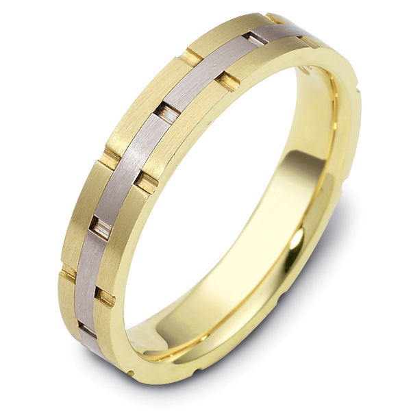 Item # 117241 - 14 kt two-tone hand made comfort fit Wedding Band 4.0 mm wide. The ring has carved notches around the band and is a matte finish. Different finishes may be selected or specified.
