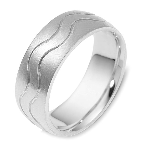 Item # 117811WE - 18 kt white gold, hand made comfort fit Wedding Band 8.5 mm wide. The ring is a brush finish. Different finishes may be selected or specified.