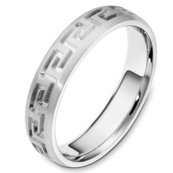 Item # 117941W - 14kt White gold contemporary greek key, carved, comfort fit, 5.0mm wide wedding band. The ring has a beautiful greek key pattern around the whole band. It is a matte finish, 5.0mm wide, and comfort fit. The grooves are polished. Different finishes may be selected or specified. 