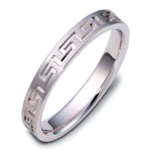 Item # 117944WE - 18K white gold, contemporary greek key, carved, comfort fit, 4.0mm wide wedding band. The ring has a beautiful greek key pattern around the whole band. It is a matte finish, 5.0mm wide, and comfort fit. The grooves are polished. Different finishes may be selected or specified.