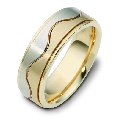 Item # 117951 - 14 kt two-tone hand made comfort fit Wedding Band 6.5 mm wide. The center has a curvy carved line and is a matte finish. The outer edges are polished. Different finishes may be selected or specified.